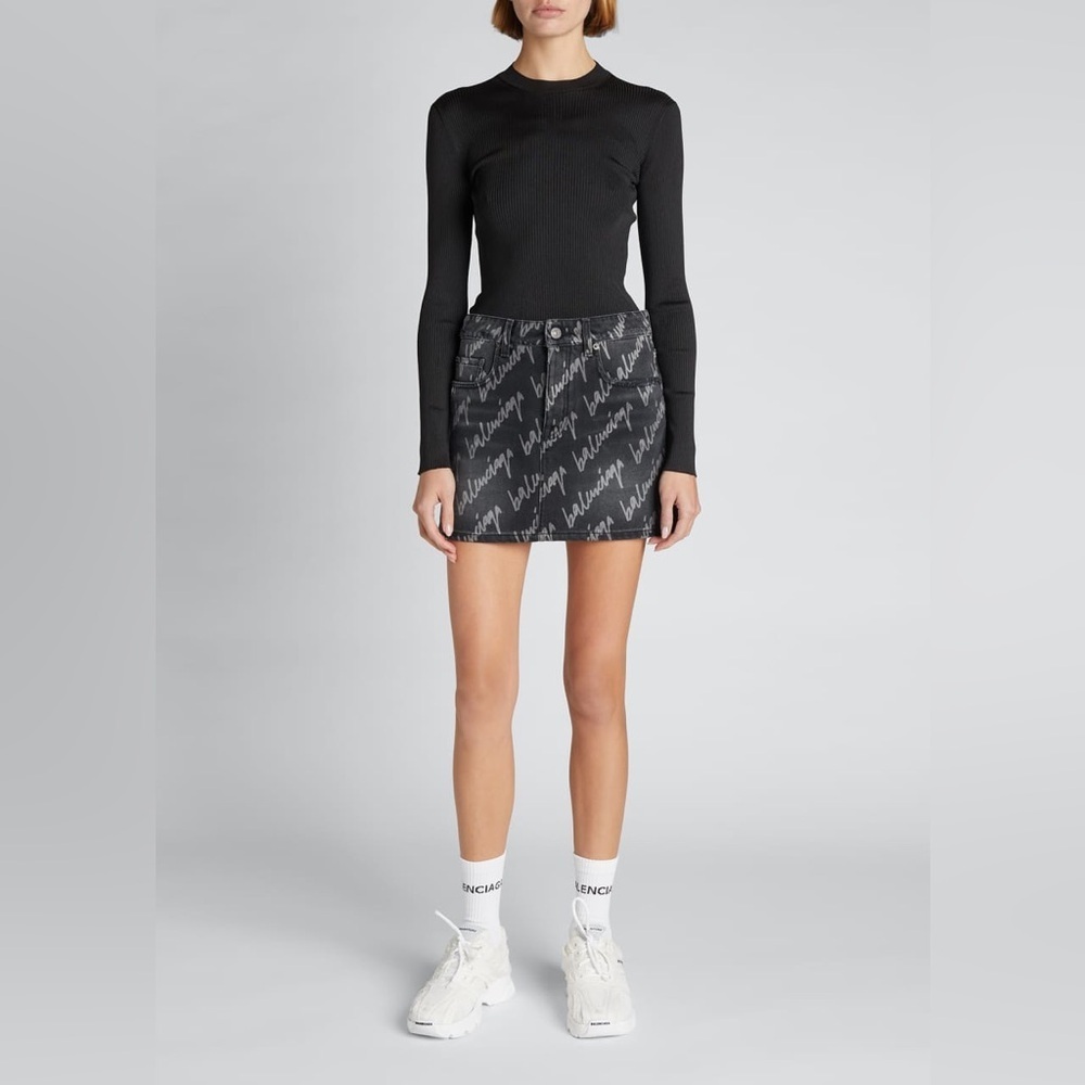 Balenciaga All-Over Logo Denim Mini Skirt Black Size 36 NWT
